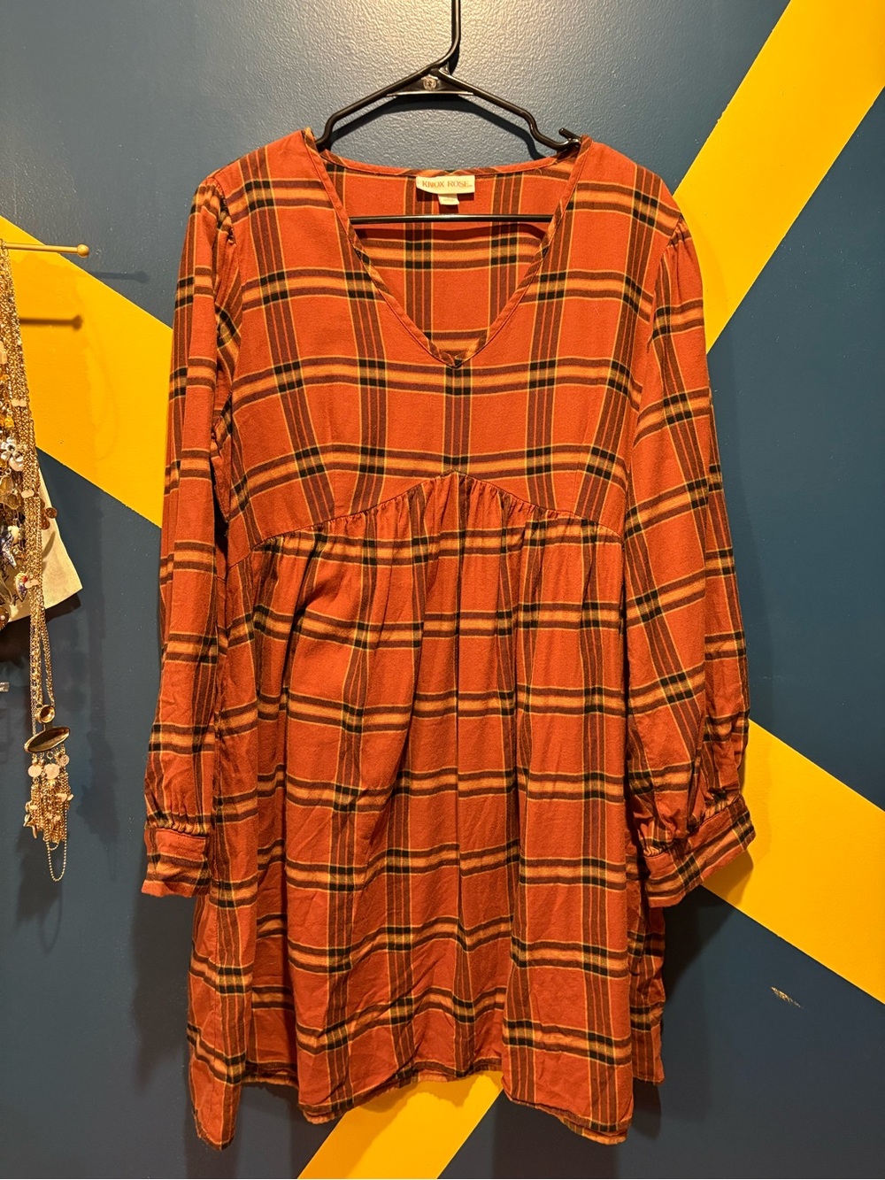 Knox Rose Burnt Orange & Black Plaid V-Neck Long Sleeve Flannel Dress EUC